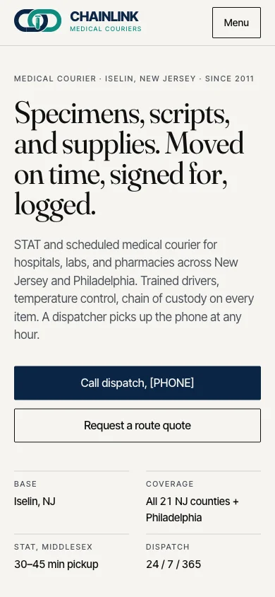 Chainlink Medical Couriers mobile homepage design