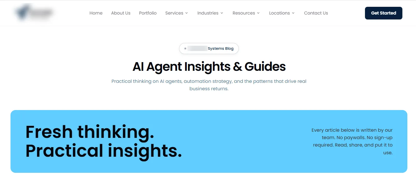 Client blog hub page header, brand name blurred