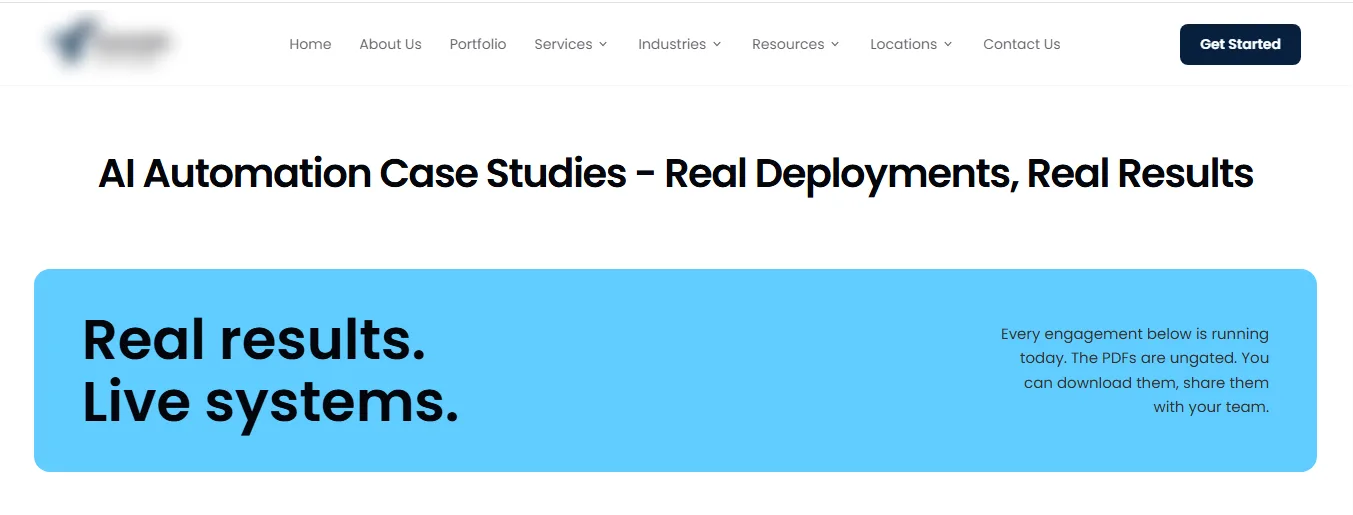 Client case studies hub page header and featured case study, brand name blurred
