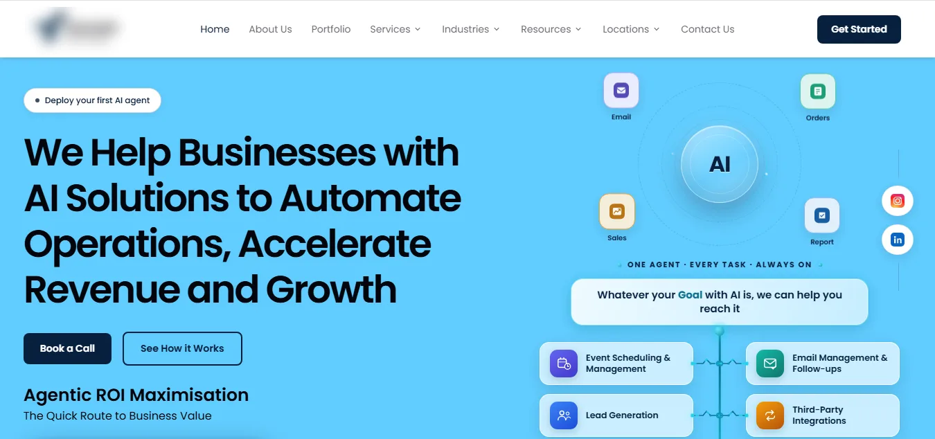 Client homepage hero section and navigation, brand name blurred