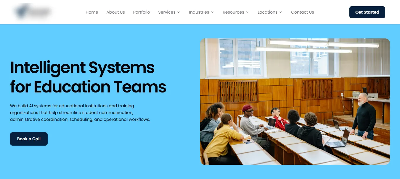Client industry page for education, hero section, brand name blurred
