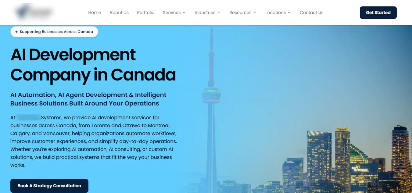 Client Canada location page hero section, brand name blurred