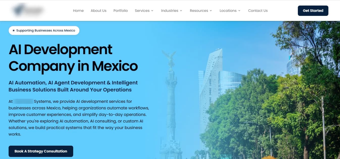 Client Mexico location page hero section, brand name blurred