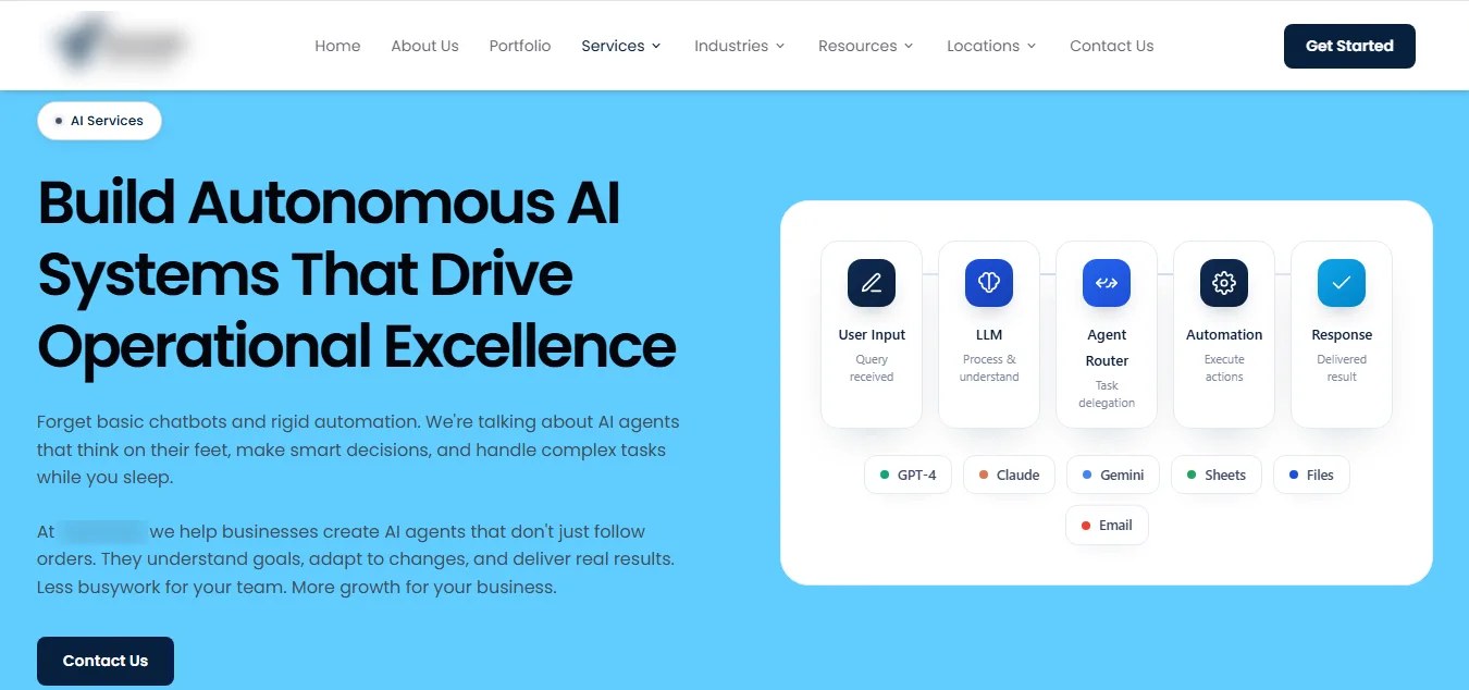 Client services page hero section and service list, brand name blurred